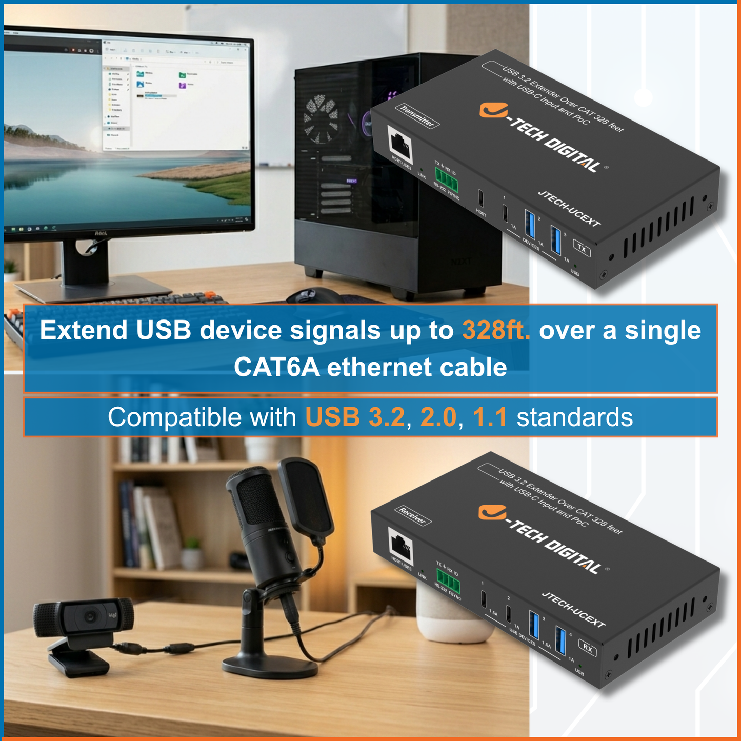 USB 3.2 Extender over Cat6A Ethernet Cable with USB-C Input